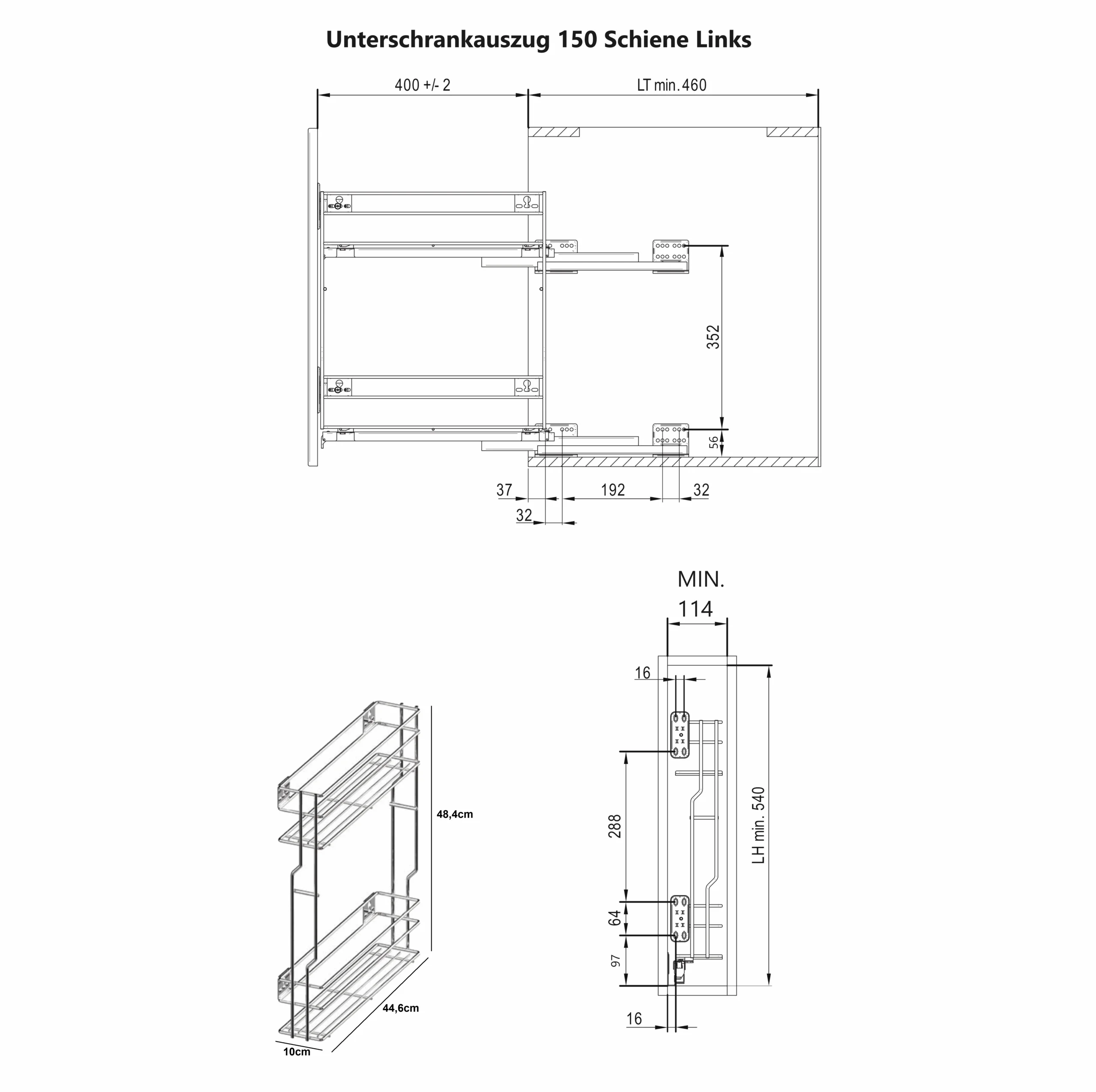 Unterschrankauszug Küche 2 Ebenen Anthrazit – 150/200/250 mm, Soft-Close, Links/Rechts – Bild 7