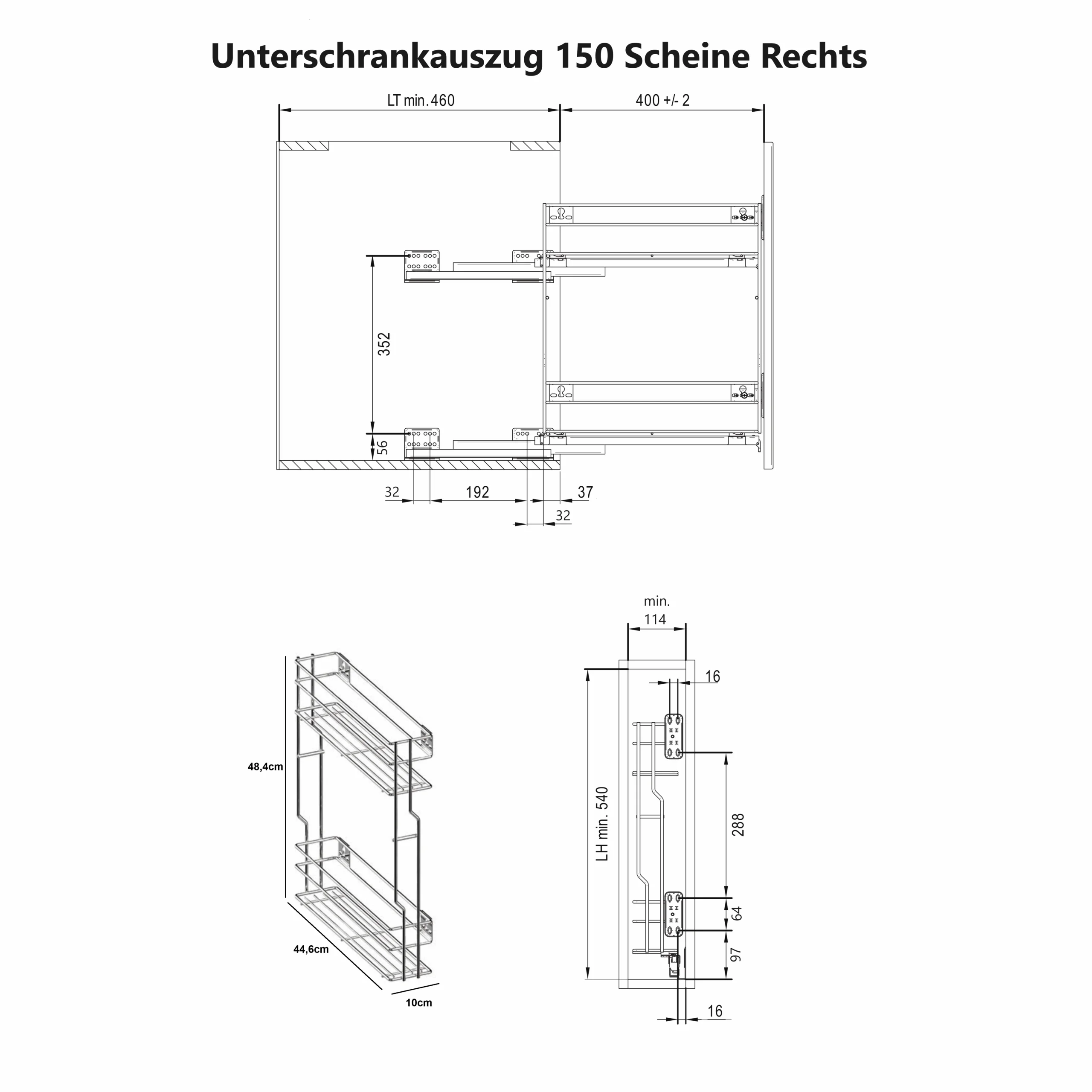 Unterschrankauszug Küche 2 Ebenen Anthrazit – 150/200/250 mm, Soft-Close, Links/Rechts – Bild 8