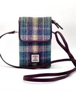 Harris Tweed Mini-Umhängetasche in Grün/Lila Karomuster