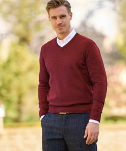 Herren Strickpullover “Jack“ In Red Dahlia Mit Harris Tweed Applikationen