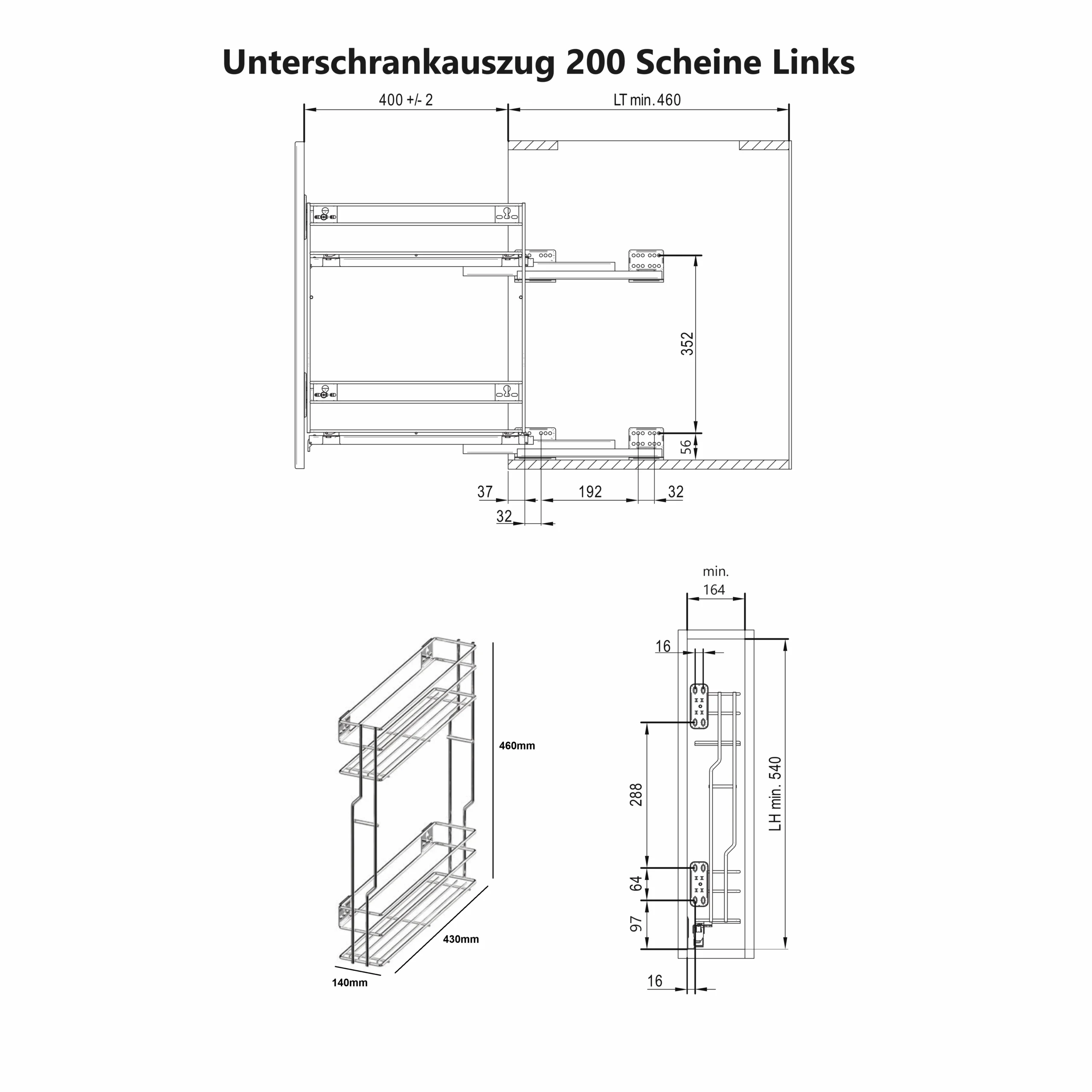 Unterschrankauszug Küche 2 Ebenen Anthrazit – 150/200/250 mm, Soft-Close, Links/Rechts – Bild 9