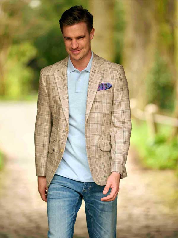 Wellington Seiden Sommer Sakko Beige Glen Check