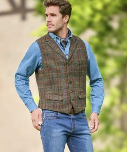 Harris Tweed Weste mit Revers 650 ”Wales” in oliv-blue Overcheck