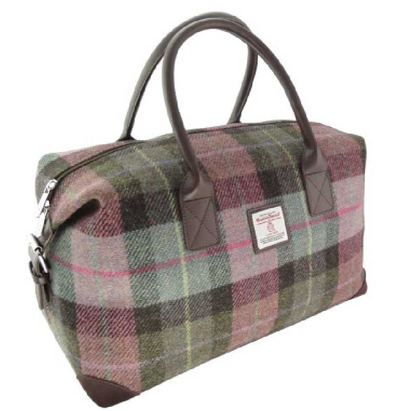 Harris Tweed ‚Esk‘ Overnight Bag in Muted Green and Rose Pink Tartan – Bild 2