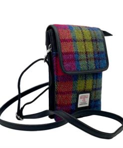 Harris Tweed Mini-Umhängetasche in Blau/Rosa Karo