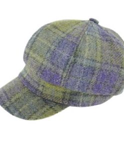 Harris Tweed One Size Ladies Cap in Muted Lilac / Lime Green Tartan