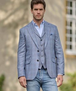 Edles Seiden Sakko „London“ In Blau Mit Dezentem Überkaro