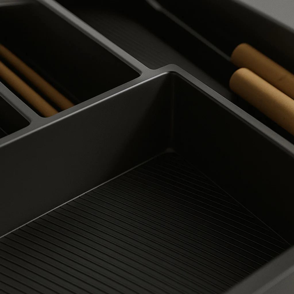 Besteckkasten für Schubladen 80 cm graphit matt 75x69cm – zuschneidbarer (B: 75-69cm ) (T: 49-42cm) – Bild 7