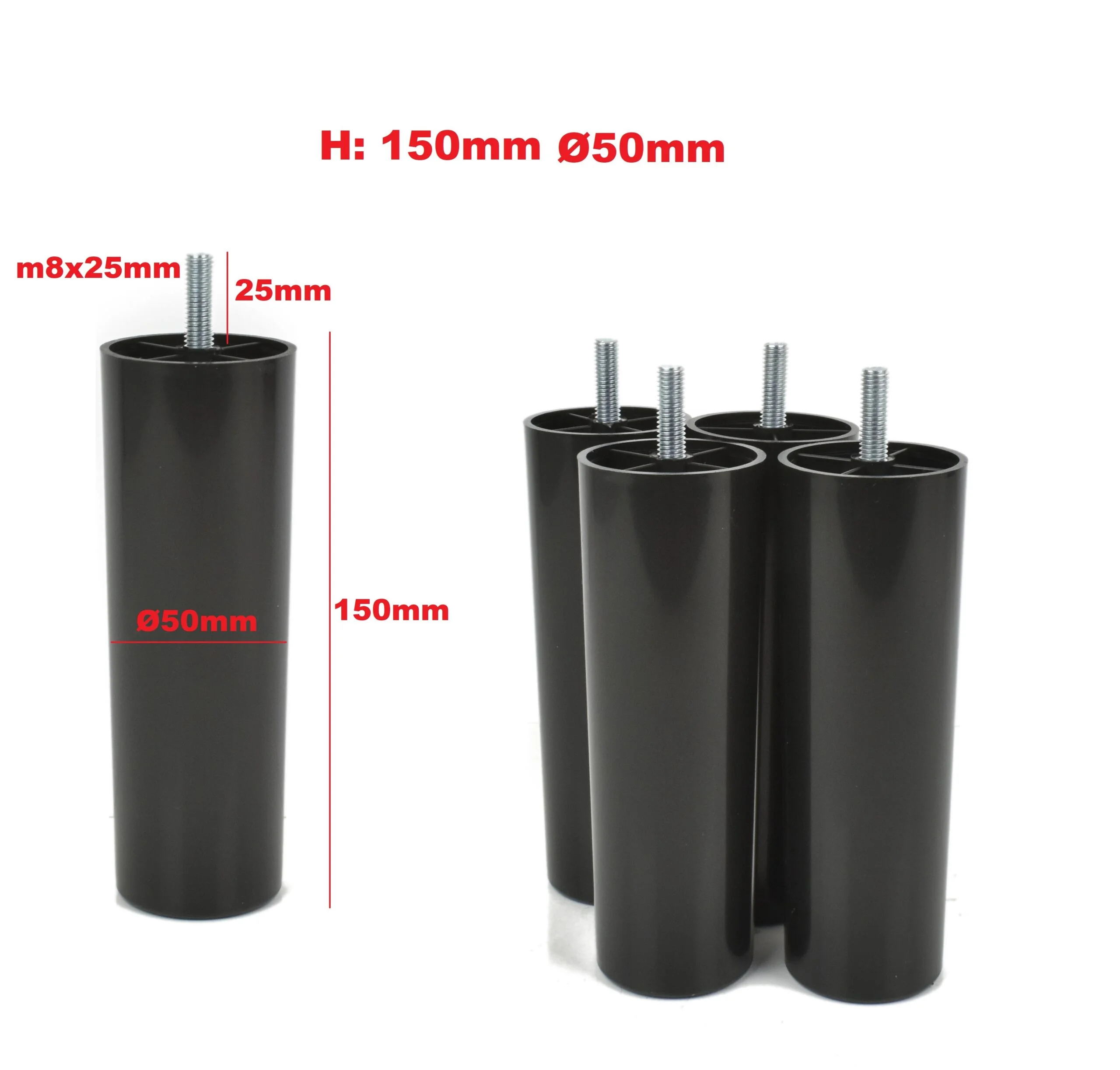 Möbelfüße rund Höhe 150 mm – Schwarz mit M8 Gewinde – Bild 3