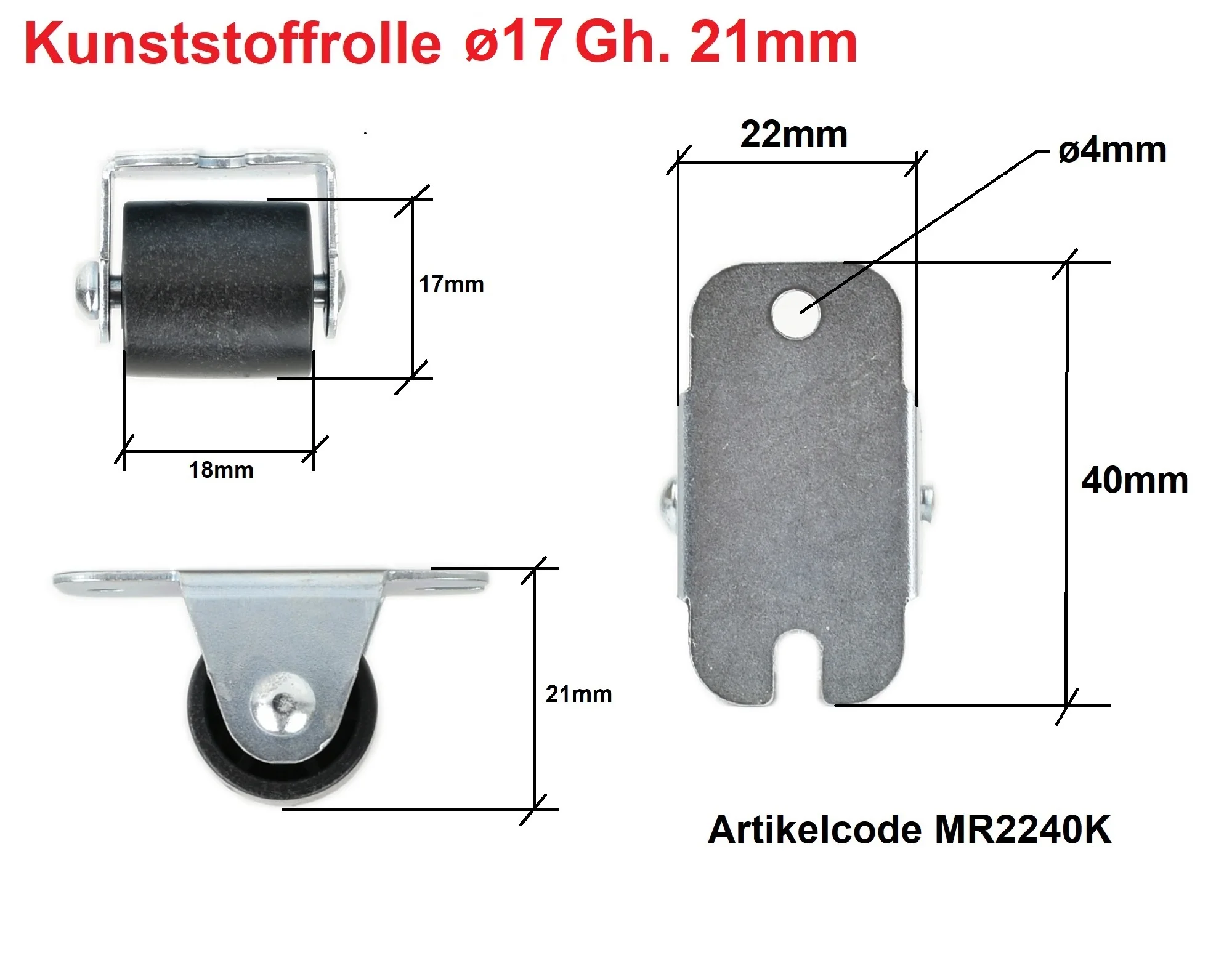 4er Set Kastenrolle Möbel Bockrollen H: 21mm Kunststoffrad Ø 17 mm ohne Bremsen – Bild 4