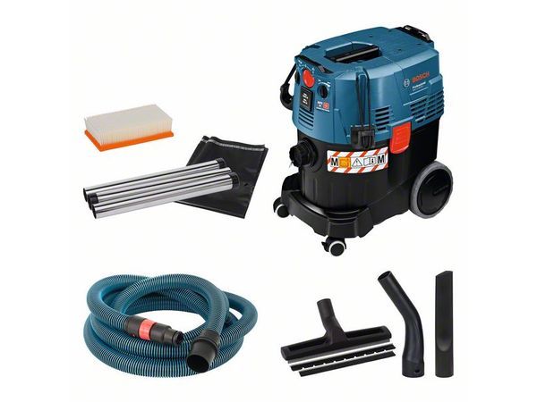 Nass-/Trockensauger GAS 35 M AFC, Der GAS 35 M AFC Professional ist Boschs vielseitiger Nass- und Trockensauger der Staubklasse M mit automatischer Filterreinigung. Seine automatische Filterreinigungstechnologie gewährleistet eine anhaltende, kraftvolle Saugleistung für sehr schnellen Arbeitsfortschritt. Für seinen zuverlässigen Anwenderschutz gemäß EU-Norm wurde er mit dem Saugerzertifikat der Staubklasse M ausgezeichnet. Er verfügt außerdem über eine extrem leistungsstarke 1.380-W-Saugturbine, die einen sehr hohen Vakuumdruck von 254 mbar für beste Saugergebnisse liefert. Dieser Sauger eignet sich zum Nass- und Trockensaugen. Der Lieferumfang beinhaltet einen 35-Liter-Behälter, das Gerät ist kompatibel mit dem Bosch Click & Clean System. Eine L-BOXX kann bequem auf den GAS 35 M AFC Professional aufgeklickt werden und bietet eine praktische Transportlösung für mehr Mobilität. Fugendüse, 35 mm Ø (2 607 000 165); Entsorgungssack (2 607 432 043); Krümmer (2 608 000 573); Bodendüsen-Set, 35 mm Ø (1 609 390 478); 1 x PES-Flachfaltenflter (2 607 432 034); 3 x 0,35 m Saugrohr, verchromt, Ø 35 mm (2 608 000 575); Schlauch 5 m, Ø 35 mm, antistatisch, mit Werkzeugmuffe (2 608 000 566) – Bild 2