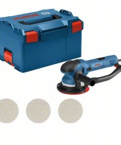 Exzenterschleifer GET 75-150. Der GET 75-150 Professional ist der kabelgebundene (150 mm) Exzenterschleifer mit Direktantriebsmodus von Bosch mit herausragender Werkzeugkontrolle und Handhabung. Er ist mit einer perfekt geformten ergonomischen Handauflage und einem Handgriff mit nur 18 cm Griffumfang für die optimale Werkzeugkontrolle ausgestattet. Dank des Multiloch-Schleiftellers können alle Schleifblätter unabhängig vom Lochraster problemlos verwendet werden und die Staubabsaugung ist deutlich stärker. Das Gerät verfügt über einen extrem leistungsstarken 750-Watt-Motor mit Tellerrotation im Direktantriebsmodus für bis zu 45 % mehr Abtragsleistung. Dieser kabelgebundene Schleifer ist für den Grundschliff, den Zwischenschliff, den Lackabtrag, die Endbearbeitung und das Polieren von Oberflächen vorgesehen. Er ist einsetzbar bei Holz, Furnier, Lack, Füllstoffen, Mineralstoffen und Acryl. Es ist kompatibel mit dem Bosch Click & Clean Staubabsaugsystem. Der GET 75-150 verfügt auch über eine konstante Drehzahl, einen Direktantriebsmodus, einen Kantenschutz, einen 150-mm-Schleifteller mit Klettverschluss zur Schleifblattbefestigung und Drehzahlvorwahl. L-BOXX 238 (1 600 A01 2G2); Schleifteller (150 mm) (2 608 601 335); 1 x Schleifblatt M480, Best for Wood and Paint, 80 (separat erhältlich als 5er-Pack: 2 608 621 162); 1 x Schleifblatt M480, Best for Wood and Paint, 120 (separat erhältlich als 5er-Pack: 2 608 621 164); 1 x Schleifblatt M480, Best for Wood and Paint, 180 (separat erhältlich als 5er-Pack: 2 608 621 166); Schutzring für 150 mm (2 607 017 497); Zusatzhandgriff inkl. Schraube (2 607 017 500); Ausblasrohr für 150 mm (2 607 017 499); Innensechskantschlüssel