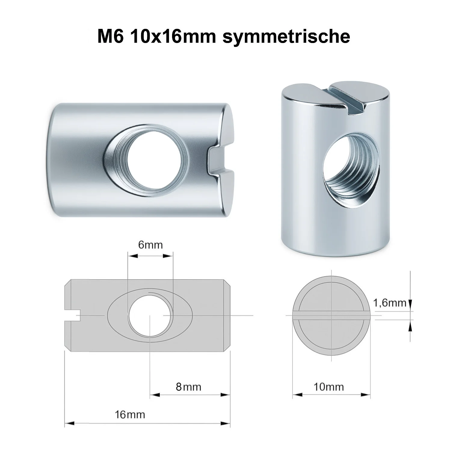Quermutter M6 10×16 mm – Zylindermutter verzinkt, symmetrisch mit Schlitz – Bild 3