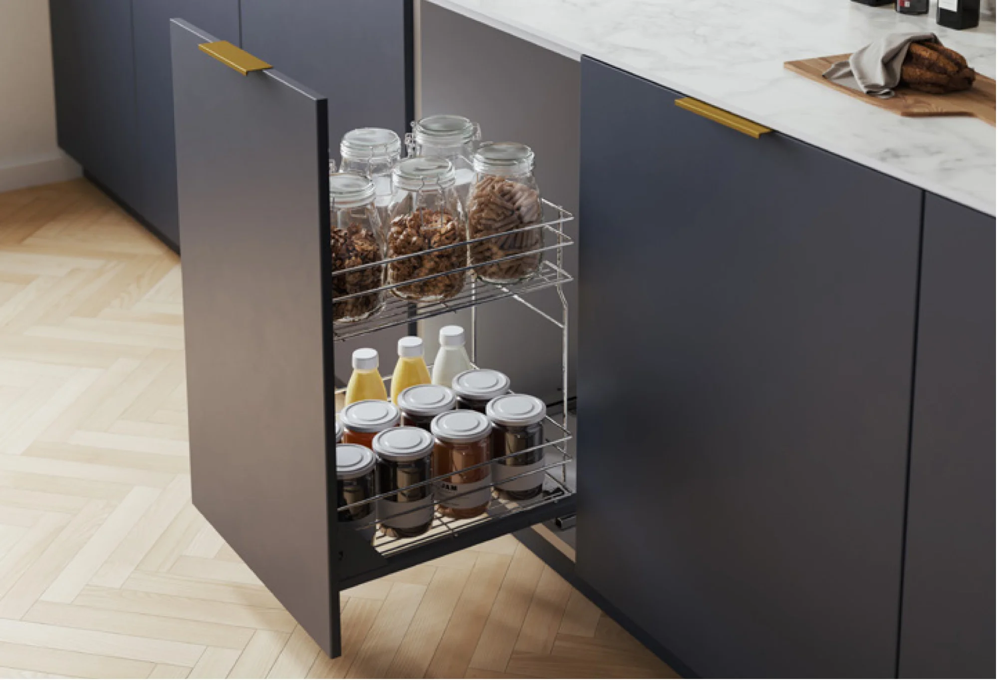 Unterschrankauszug 60 cm Soft-Close Chrom – Bodenmontage mit Bodenschienen 2 Etagen | Prima Online – Bild 4