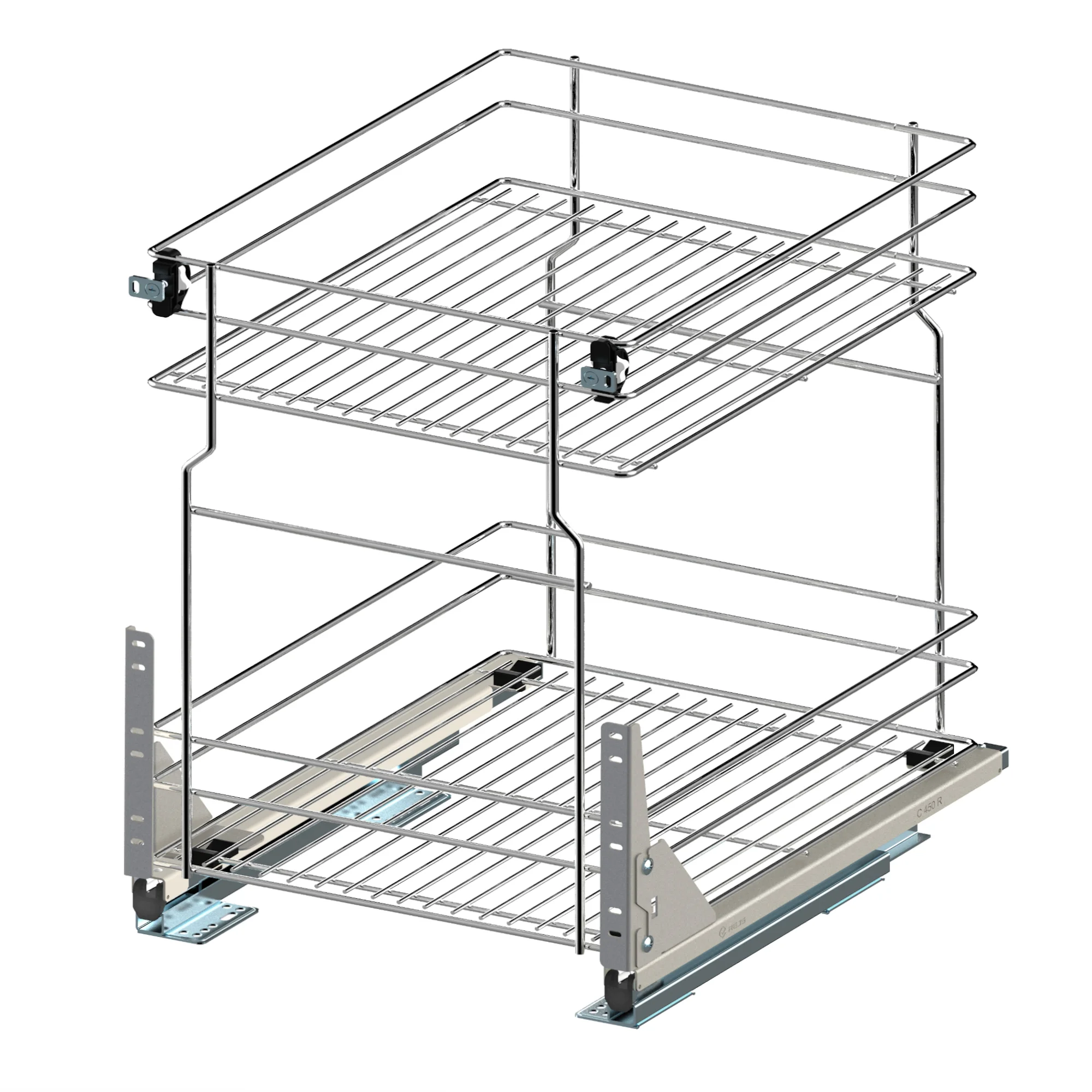 Unterschrankauszug 60 cm Soft-Close Chrom – Bodenmontage mit Bodenschienen 2 Etagen | Prima Online