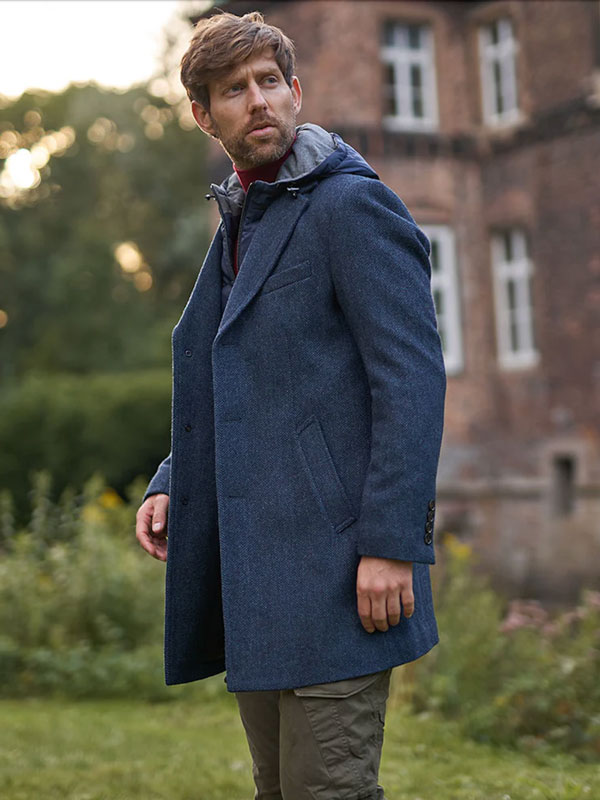 Herren Kurzmantel ”Flynston” Mit Westeneinsatz In Blue Herringbone