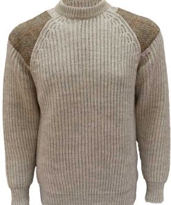 Grobstrick-Damenpullover mit Rundhalsausschnitt und Harris-Tweed-Einsätzen, hellgrau, walisisch
