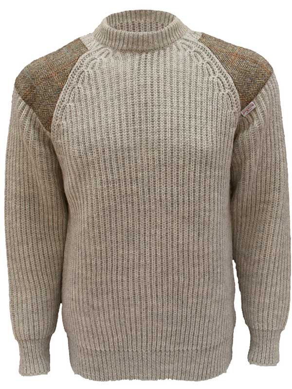 Grobstrick-Damenpullover mit Rundhalsausschnitt und Harris-Tweed-Einsätzen, hellgrau, walisisch
