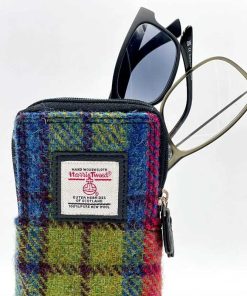 Doppelter Brillenetui aus Harris Tweed in Blau/Rosa Karo
