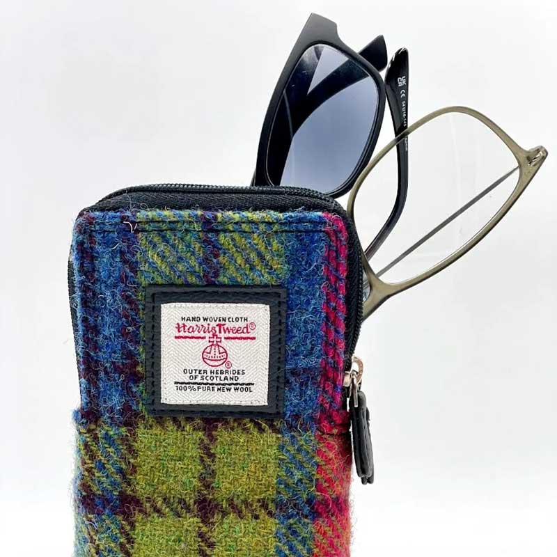 Doppelter Brillenetui aus Harris Tweed in Blau/Rosa Karo