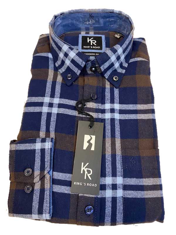 Shirt King’s Road, Blauw Bruin Ruit, Zware Flannel – Bild 3