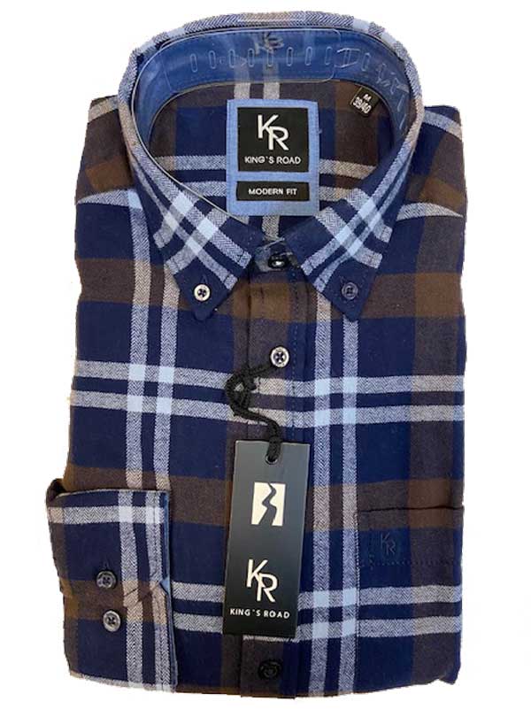 Shirt King’s Road, Blauw Bruin Ruit, Zware Flannel – Bild 2