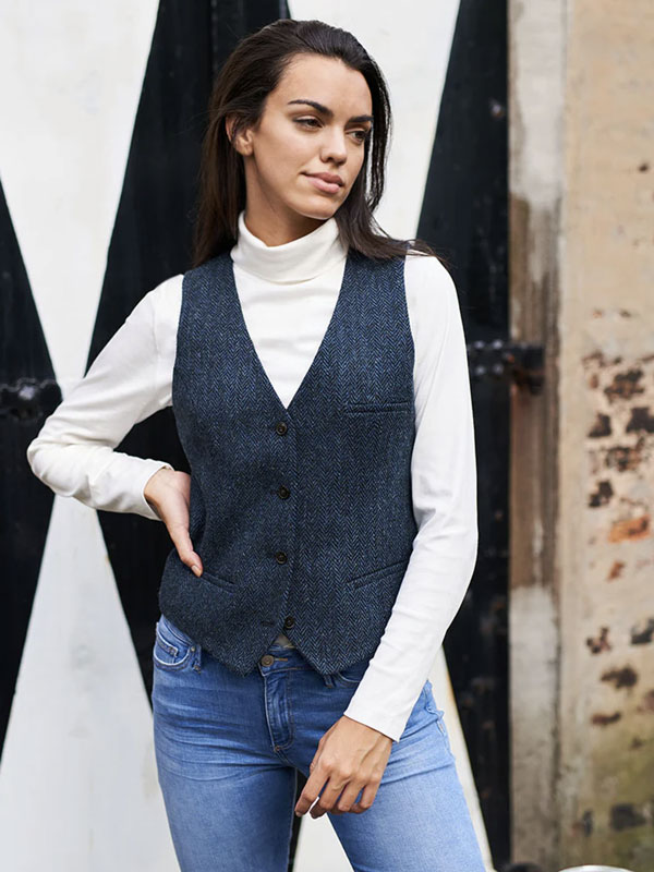 Damen Harris Tweed Weste „Lea“ In Blue Herringbone – Bild 2