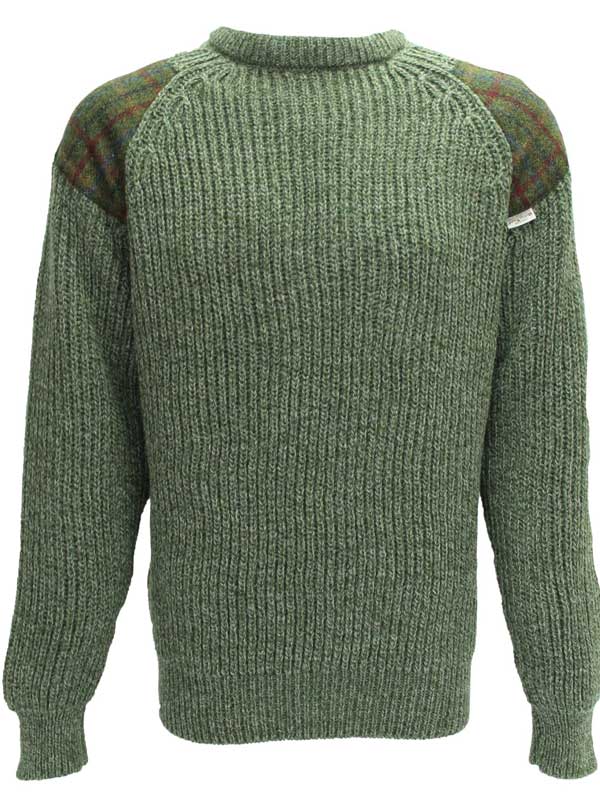 Grobstrick-Damenpullover mit Rundhalsausschnitt und Harris-Tweed-Applikationen, Derby Tweed
