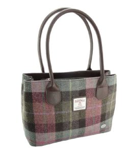 Harris Tweed ‚Cassley‘ Classic Handbag in Muted Green and Rose Pink Tartan