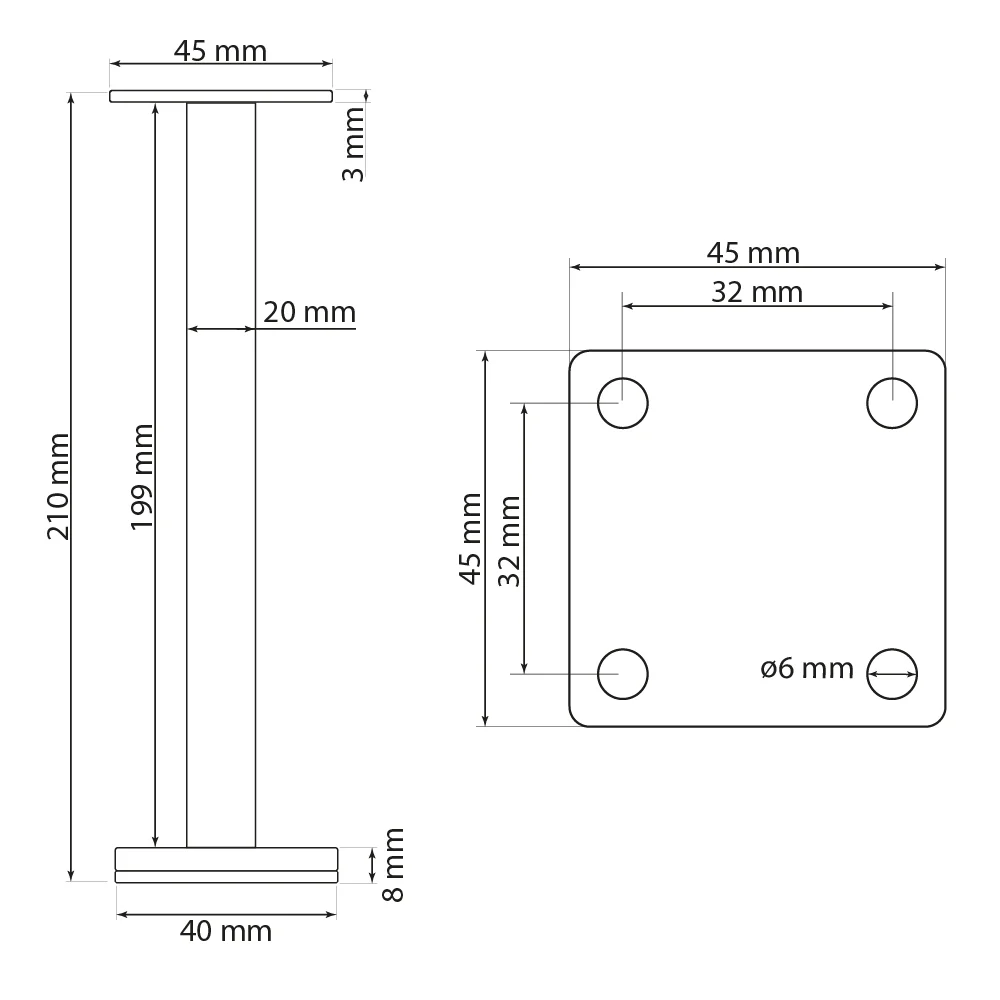 Möbelfuß Metall Schwarz 21cm – Ø 20mm Stahlrohr, Ø 40 mm Bodenteller, 15mm Höhenausgleich – Bild 6