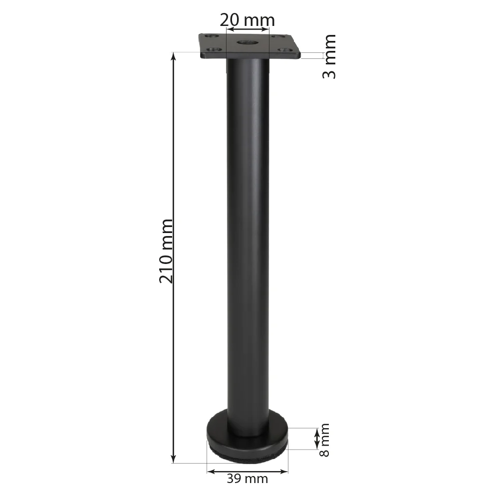 Möbelfuß Metall Schwarz 21cm – Ø 20mm Stahlrohr, Ø 40 mm Bodenteller, 15mm Höhenausgleich – Bild 7