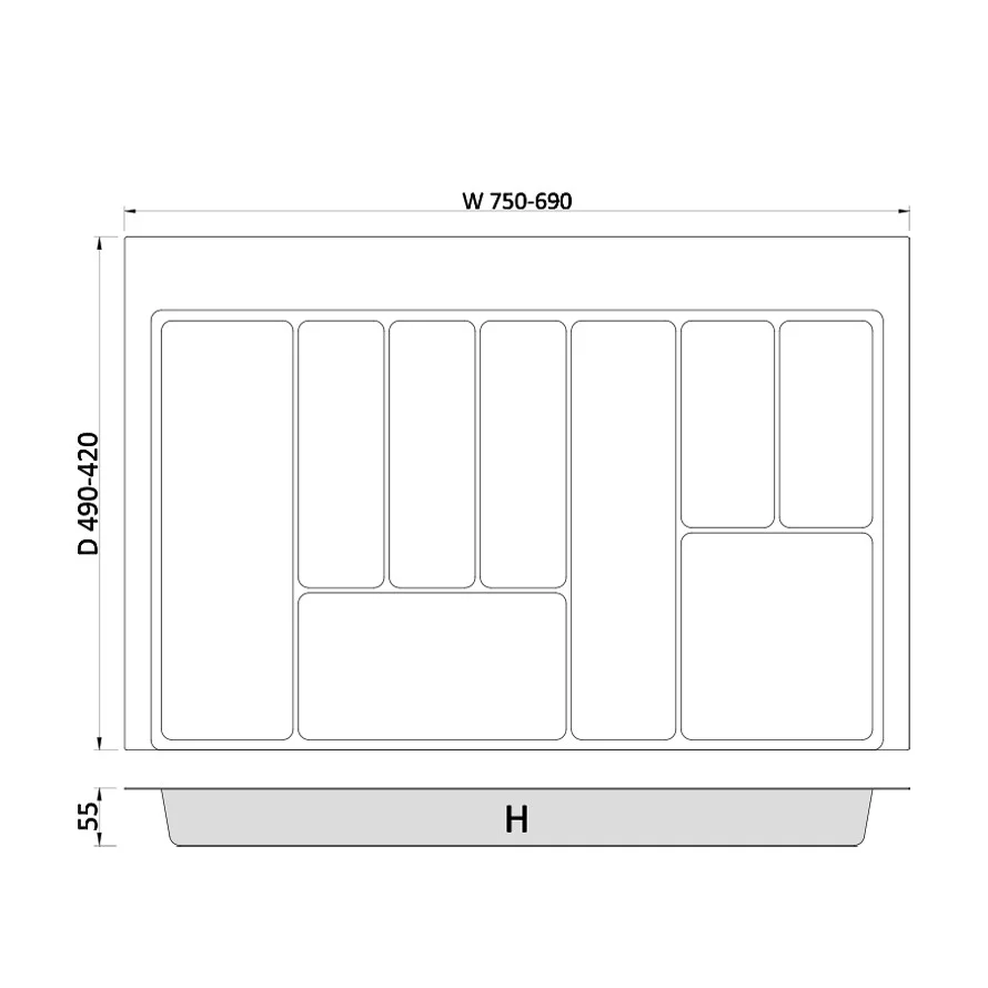 Besteckkasten für Schubladen 80 cm graphit matt 75x69cm – zuschneidbarer (B: 75-69cm ) (T: 49-42cm) – Bild 3
